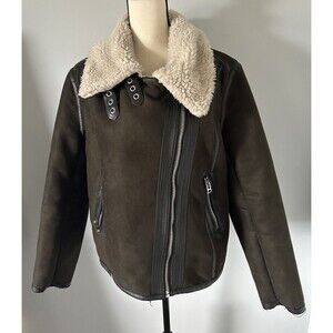 H&M Biker Moto Faux Suede Jacket With Faux Leather Trim Diagonal Zipper Size 14